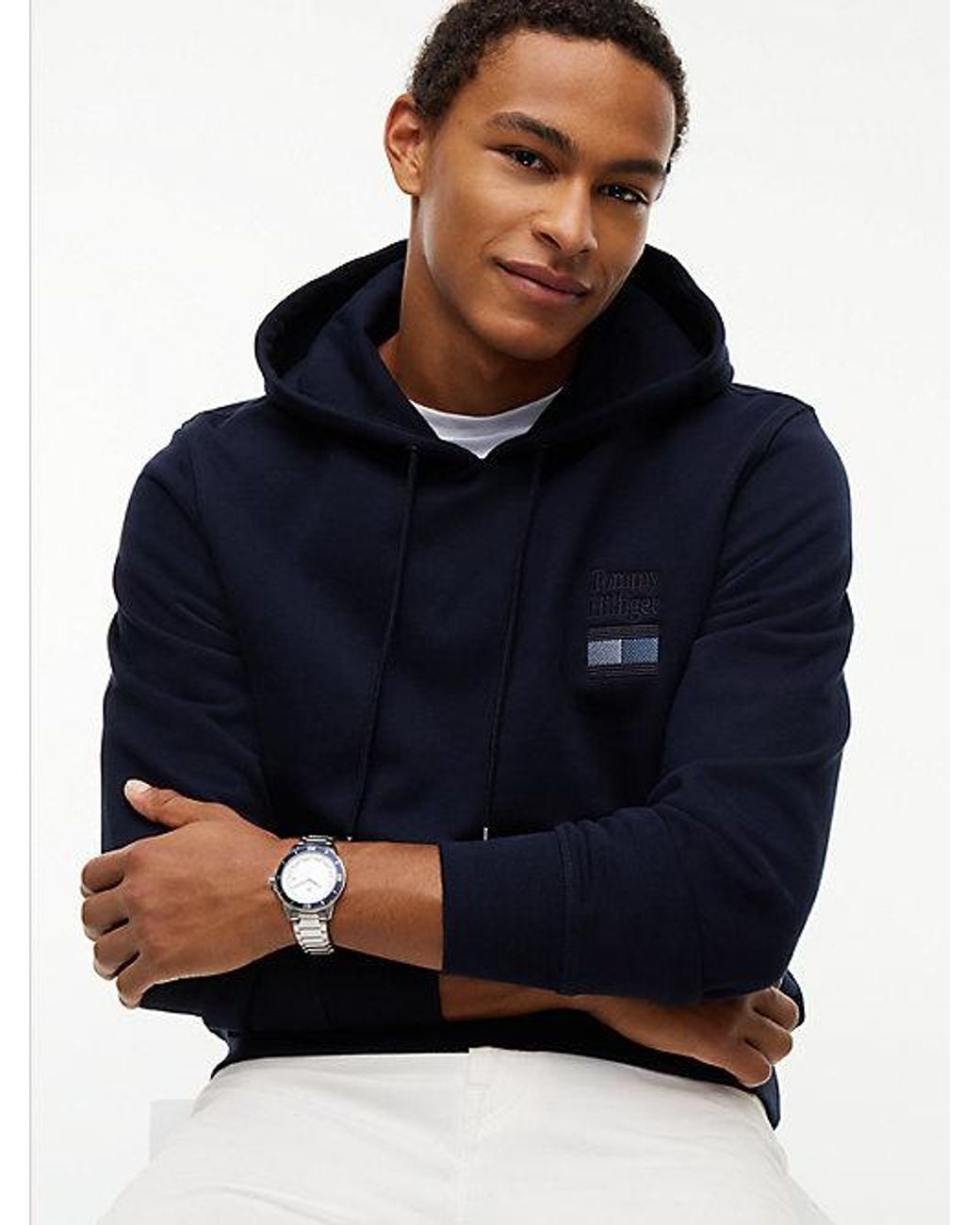 Tommy Hilfiger Blue Stack Logo Terry Drawstring Hoody for men