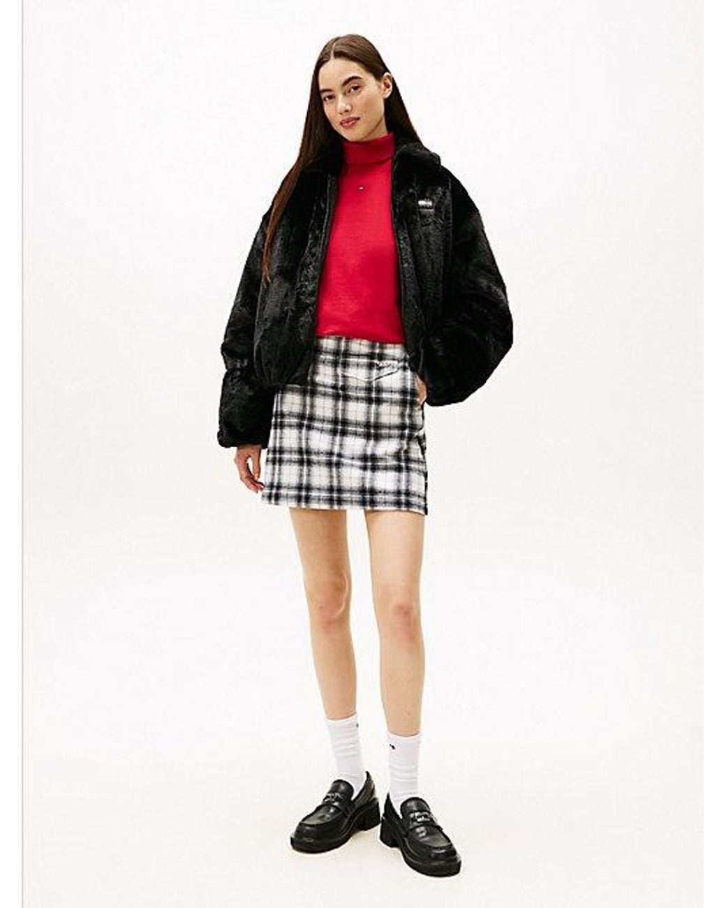 Tommy Hilfiger Red Tommy Badge Faux Fur Bomber Jacket