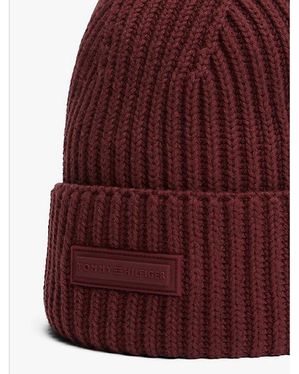 Tommy Hilfiger Red Rubberised Logo Knit Beanie With Wool for men