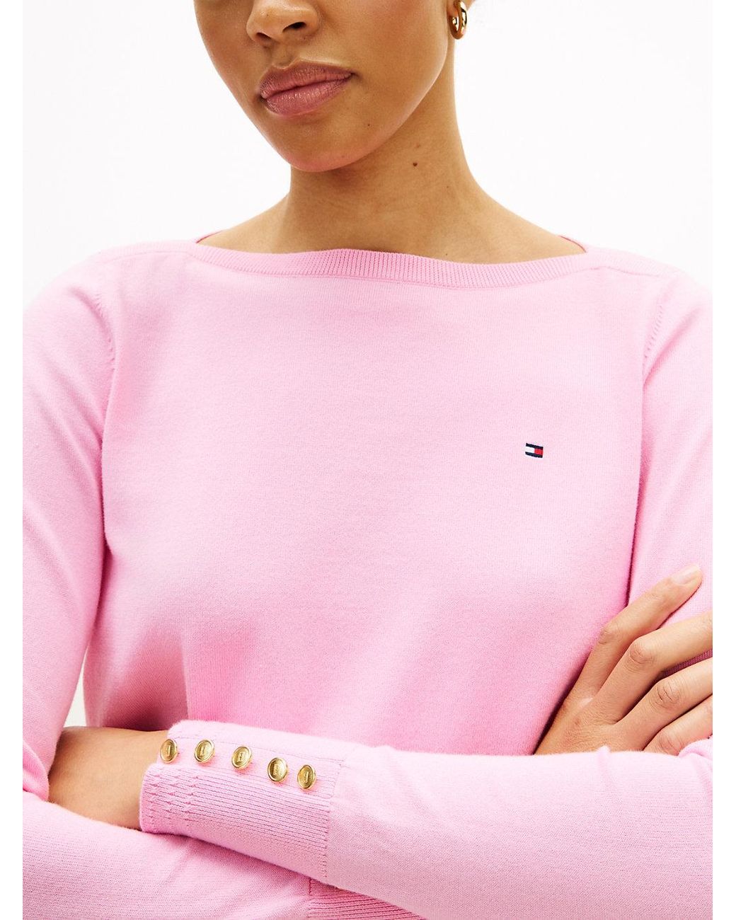 Tommy Hilfiger Natural Gold-tone Button Jersey Boat Neck Jumper
