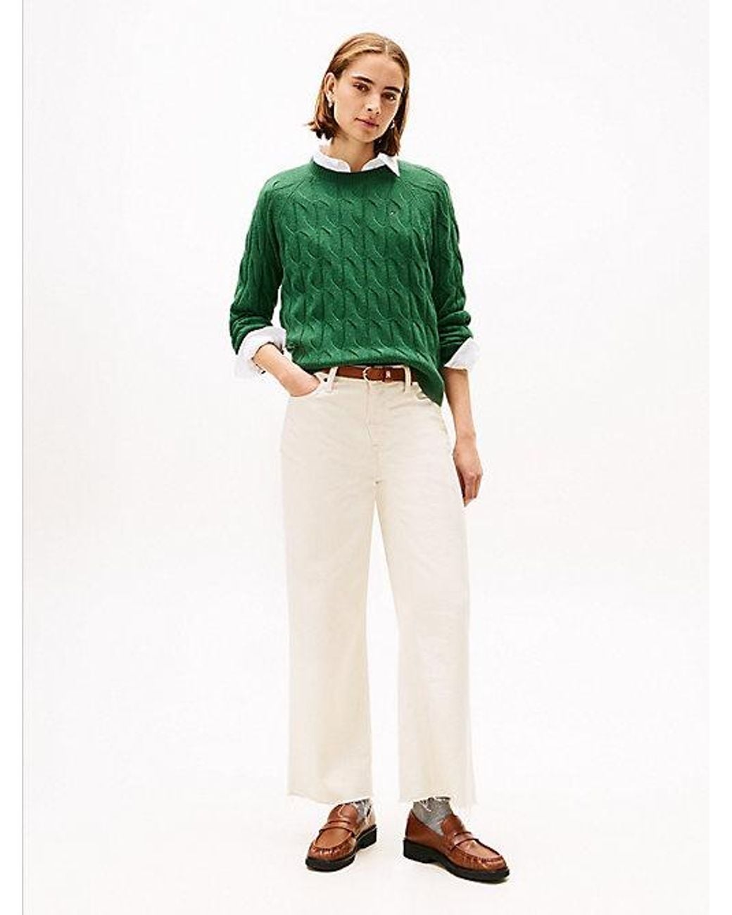 Tommy Hilfiger Green Cable Knit Soft Wool Relaxed Jumper