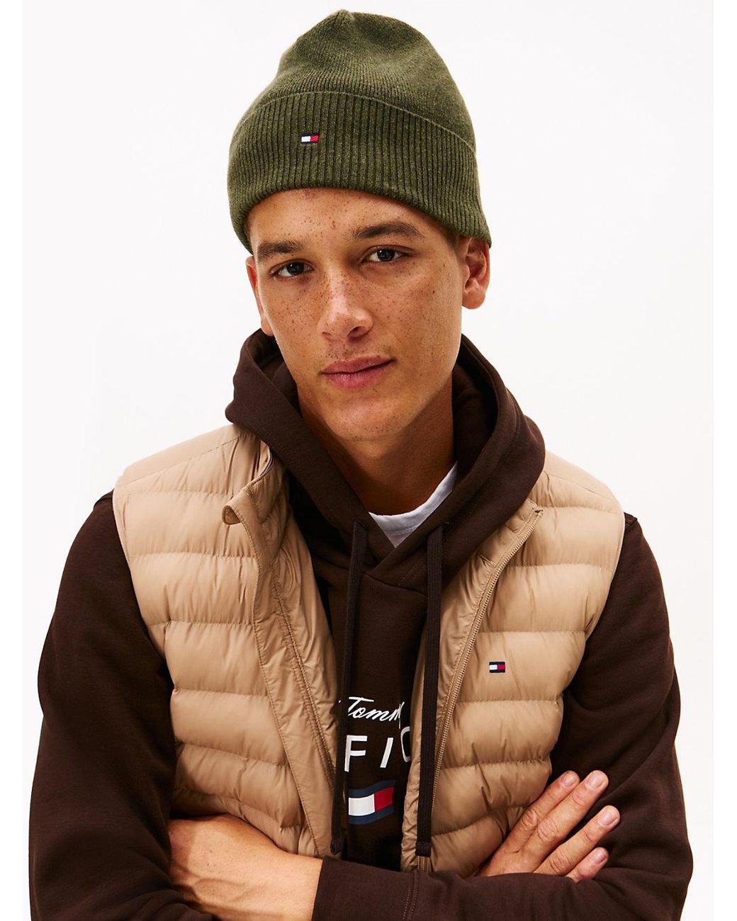 Tommy Hilfiger Green Th Flag Lightweight Beanie With Cashmere for men