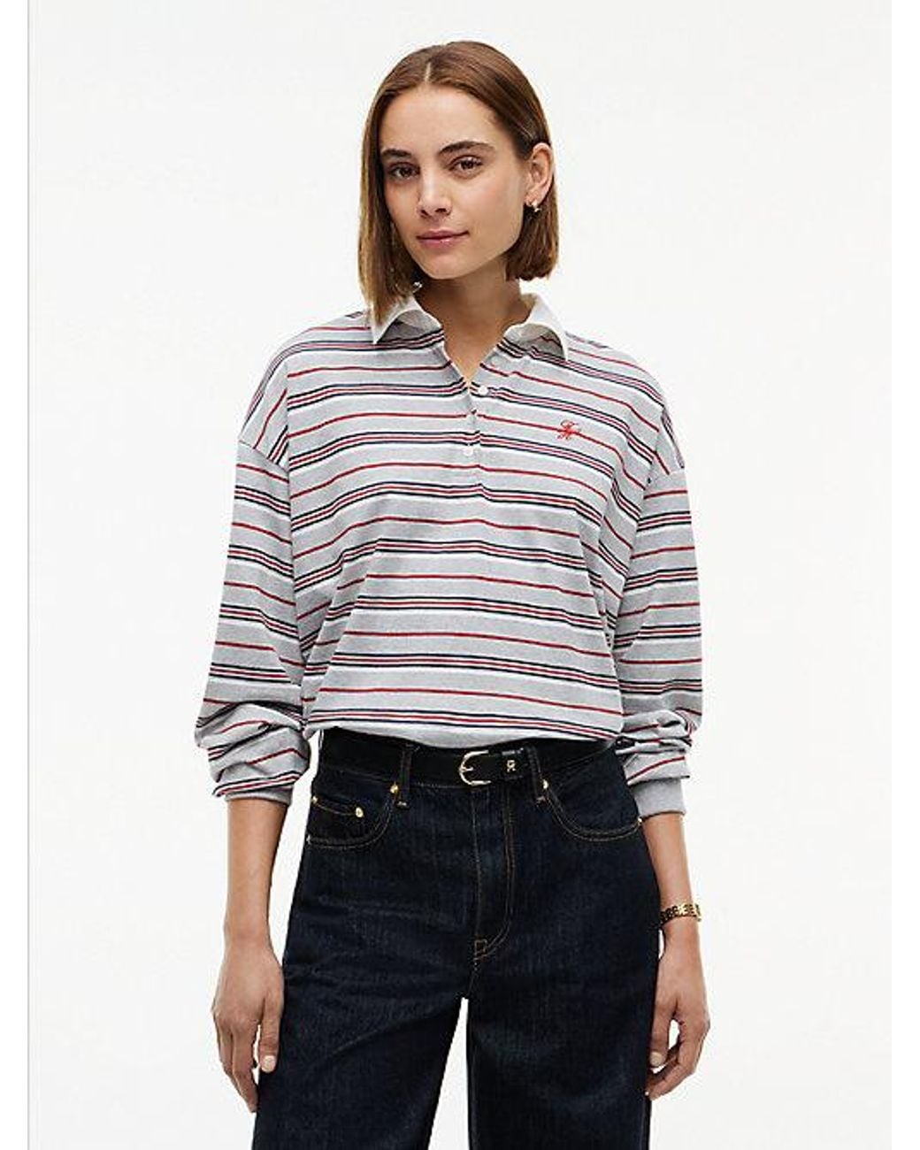 Tommy Hilfiger Gray Rugby Stripe Relaxed Polo Sweatshirt
