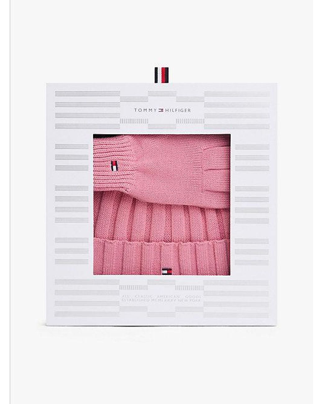 Tommy Hilfiger Pink Flag Embroidery Beanie And Gloves Gift Set