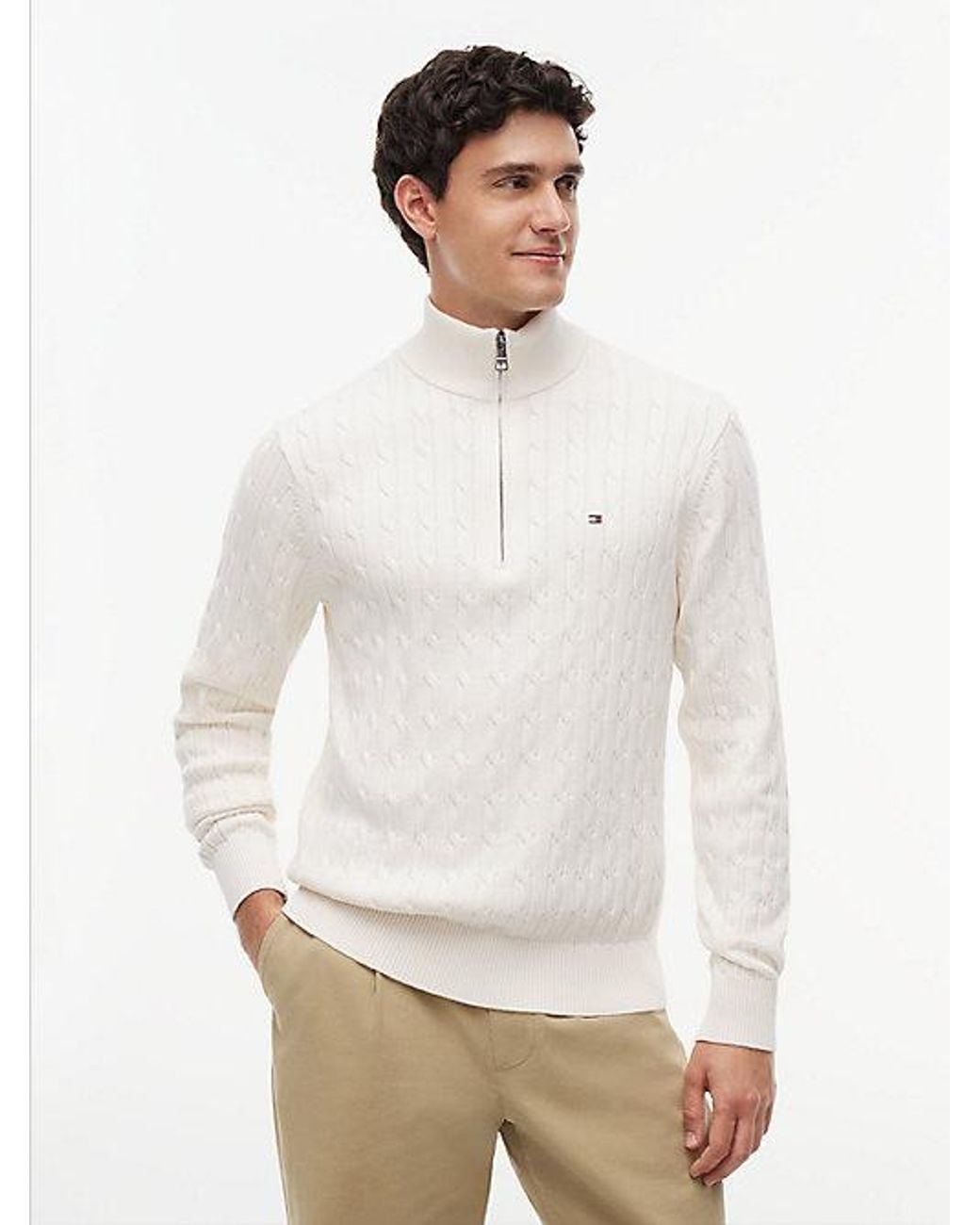 Tommy Hilfiger White Cable Knit Quarter Zip Jumper for men