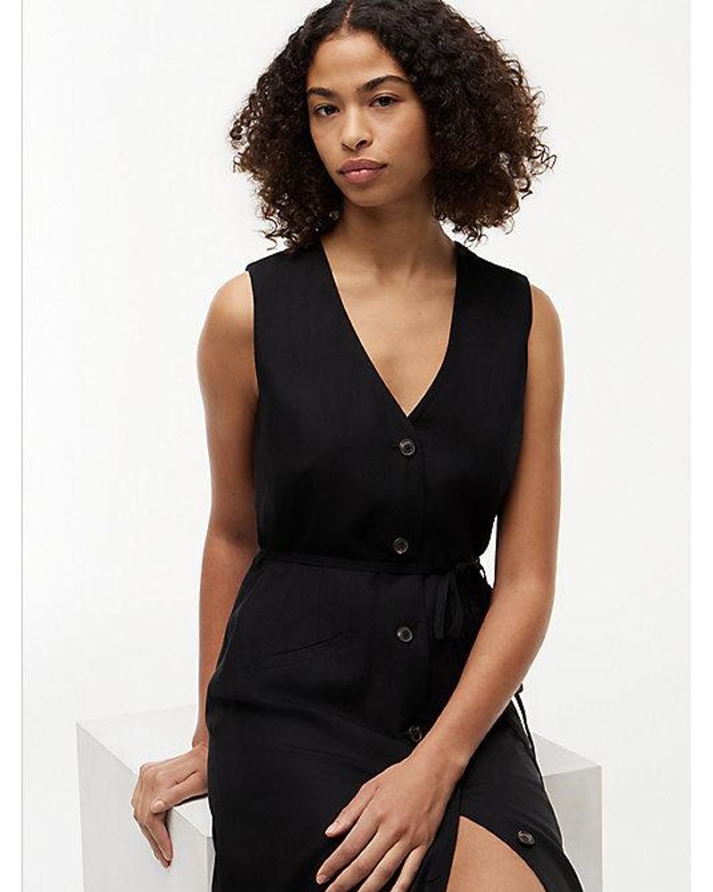 Tommy Hilfiger Black Sleeveless Midi Shirt Dress With Linen