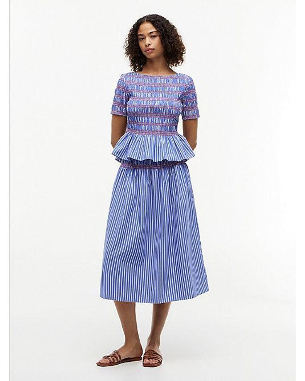 Tommy Hilfiger Blue Smock Stripe Ruffle Boat Neck Top