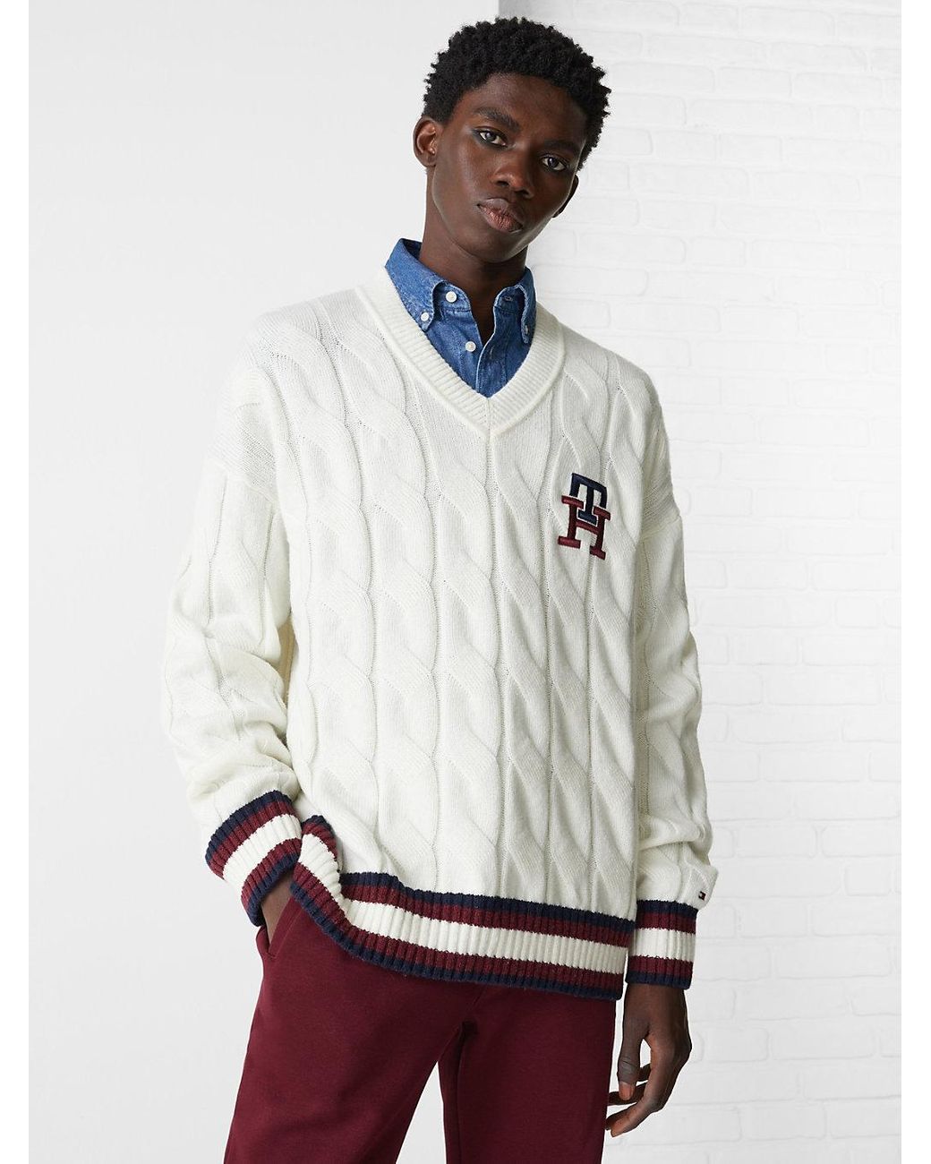 Tommy Hilfiger Th Monogram Cable Knit Cricket Jumper in White for Men