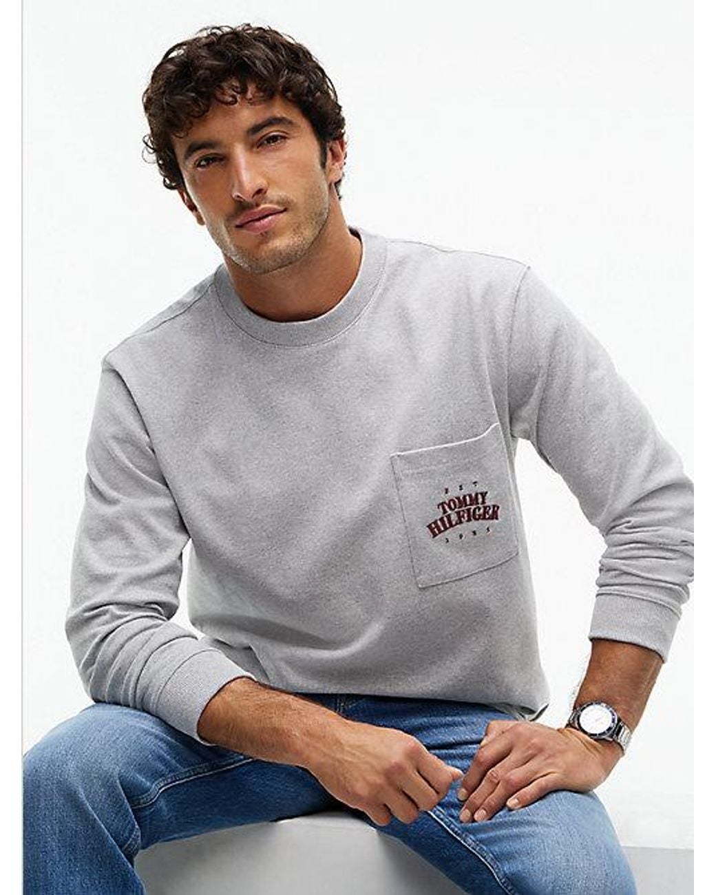Tommy Hilfiger Gray Varsity Logo Pocket Relaxed Long Sleeve T-Shirt for men