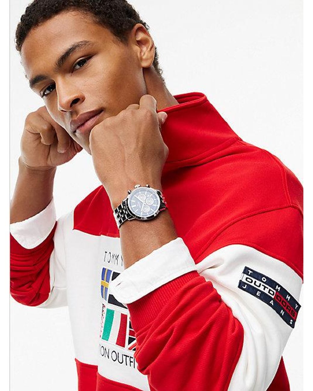 Tommy Hilfiger Red Tommy Jeans Fleece Mock Neck Quarter Zip Sweatshirt for men