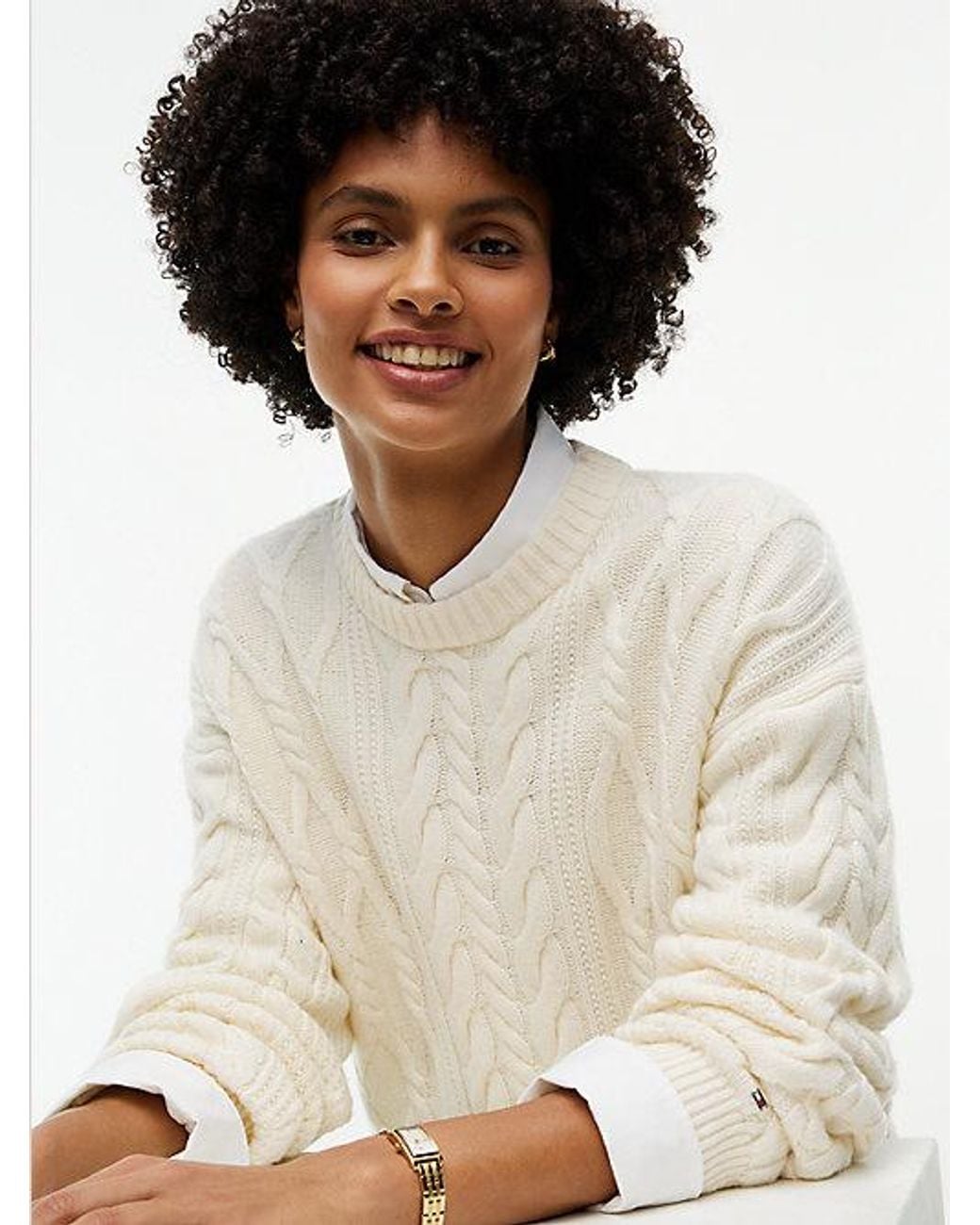 Tommy Hilfiger White Relaxed Cable Knit Jumper With Silk