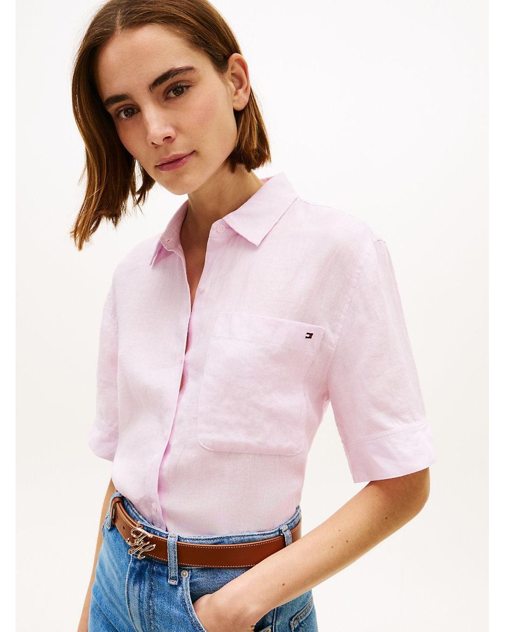 Tommy Hilfiger White Relaxed Fit Pure Linen Short Sleeve Shirt