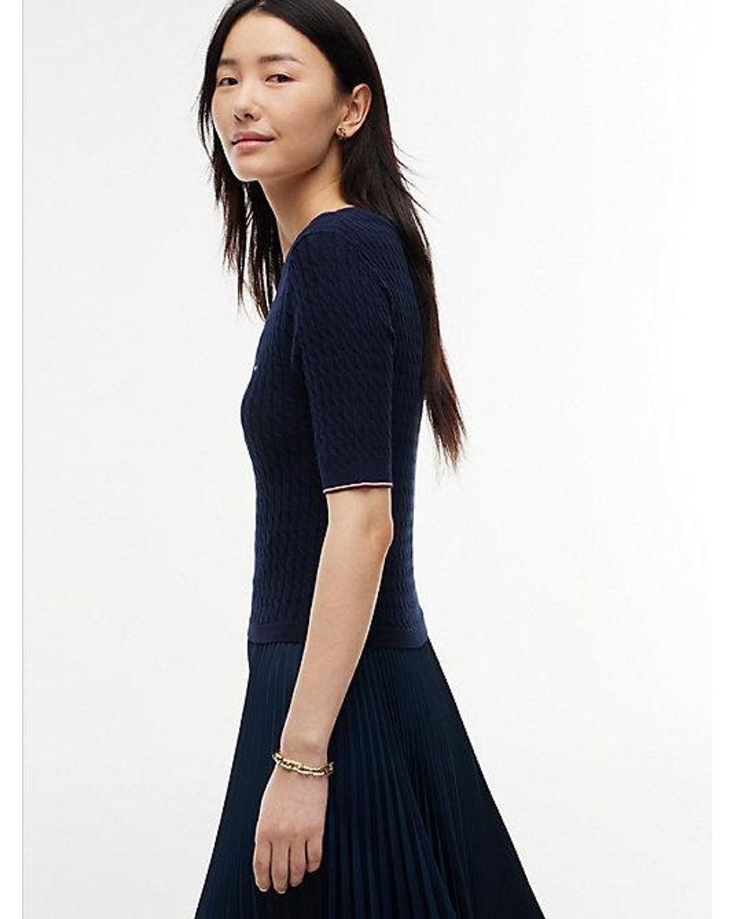 Tommy Hilfiger Blue Cable Knit Pleated Midi Dress
