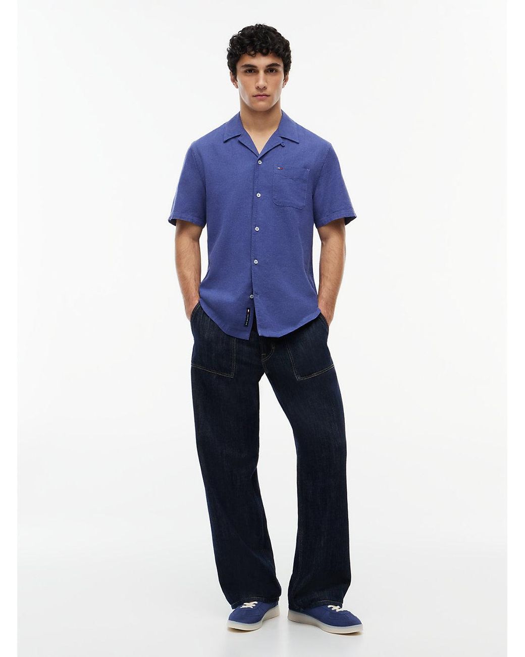 Tommy Hilfiger Blue Regular Fit Linen Blend Short Sleeve Shirt for men
