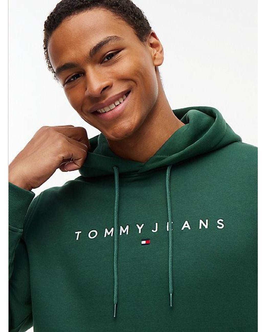 Tommy Hilfiger Green Tommy Jeans Linear Logo Fleece Drawstring Hoody for men
