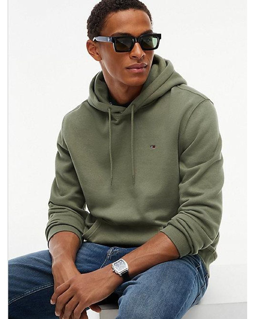 Tommy Hilfiger Green Tommy Jeans Flag Embroidery Fleece Drawstring Hoody for men