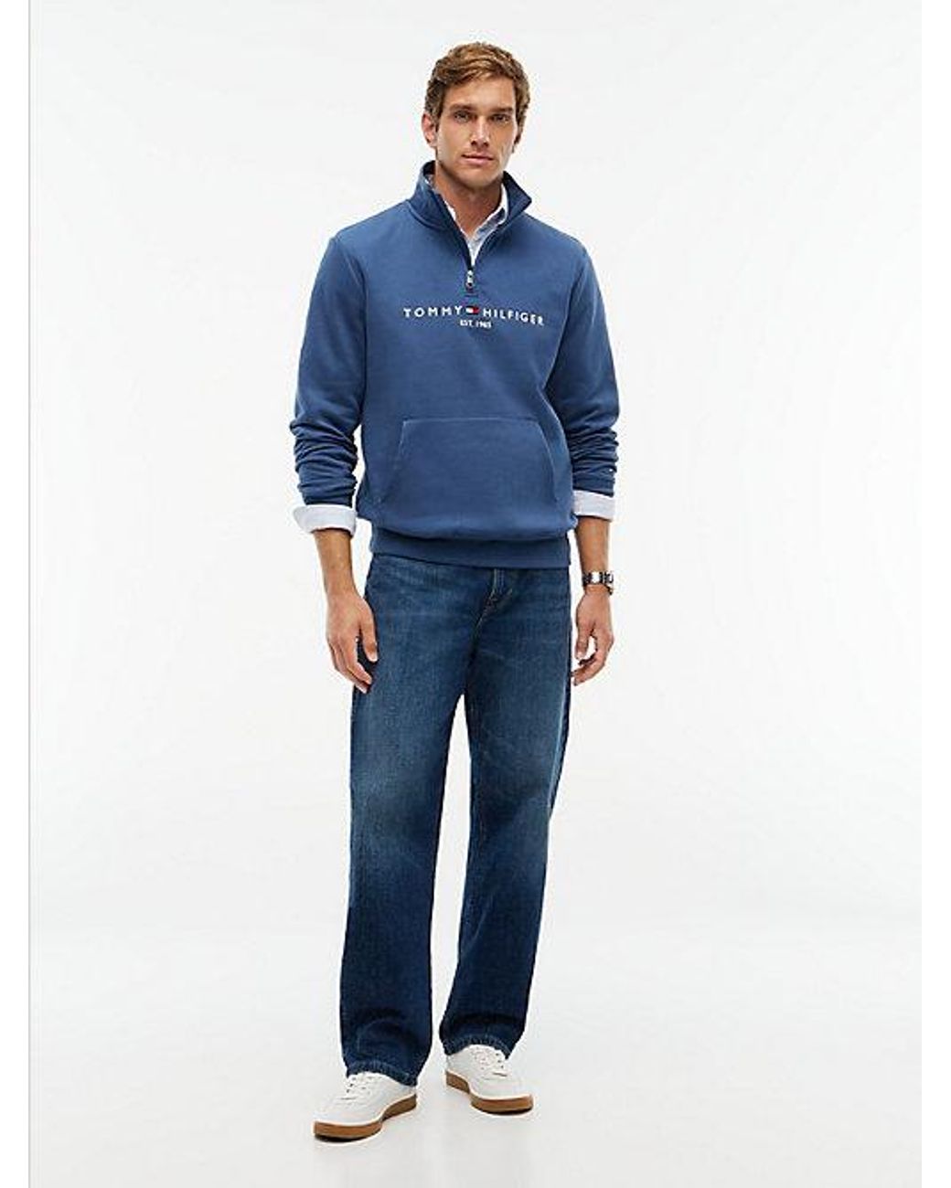 Tommy Hilfiger Blue Logo Fleece Quarter Zip Sweatshirt for men