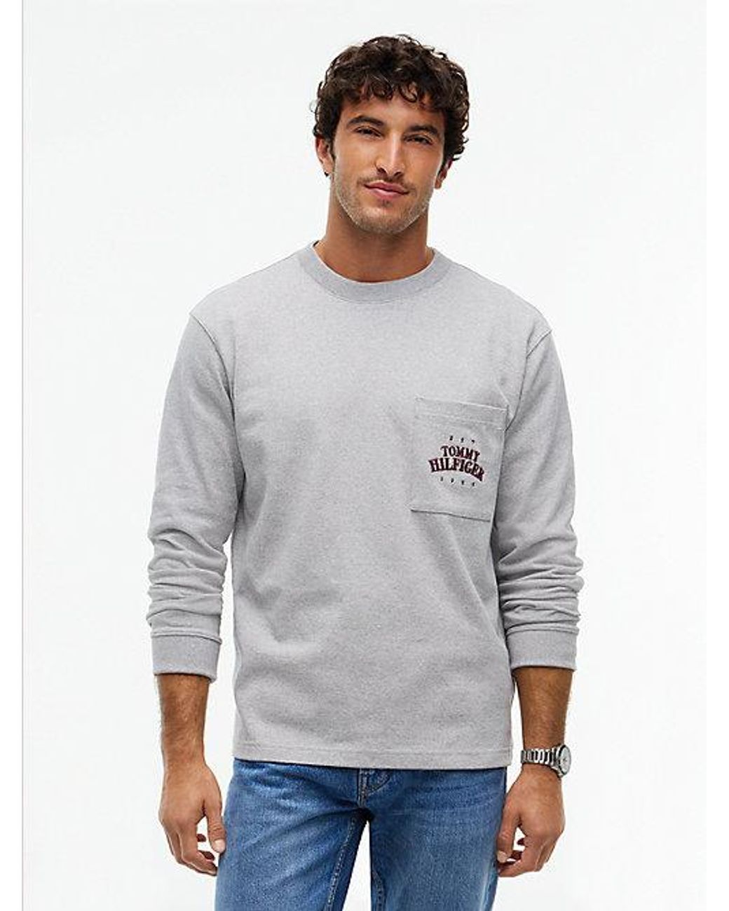 Tommy Hilfiger Gray Varsity Logo Pocket Relaxed Long Sleeve T-Shirt for men