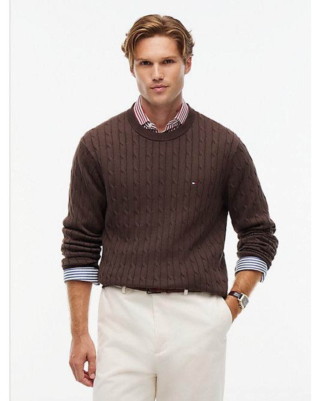 Tommy Hilfiger Brown Cable Knit Crew Neck Jumper for men