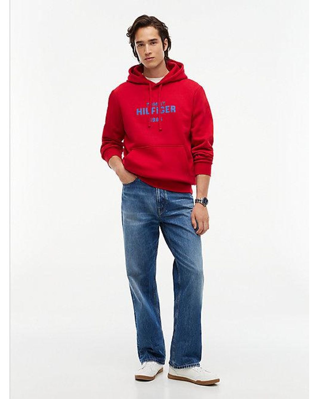 Tommy Hilfiger Red Logo Embroidery Fleece Hoody for men