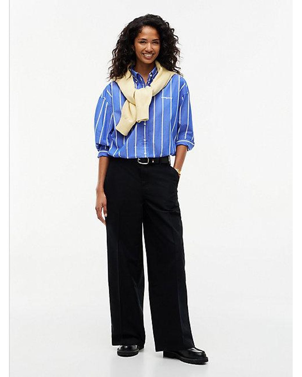 Tommy Hilfiger Blue Oversized Fit Cropped Gathered Poplin Shirt