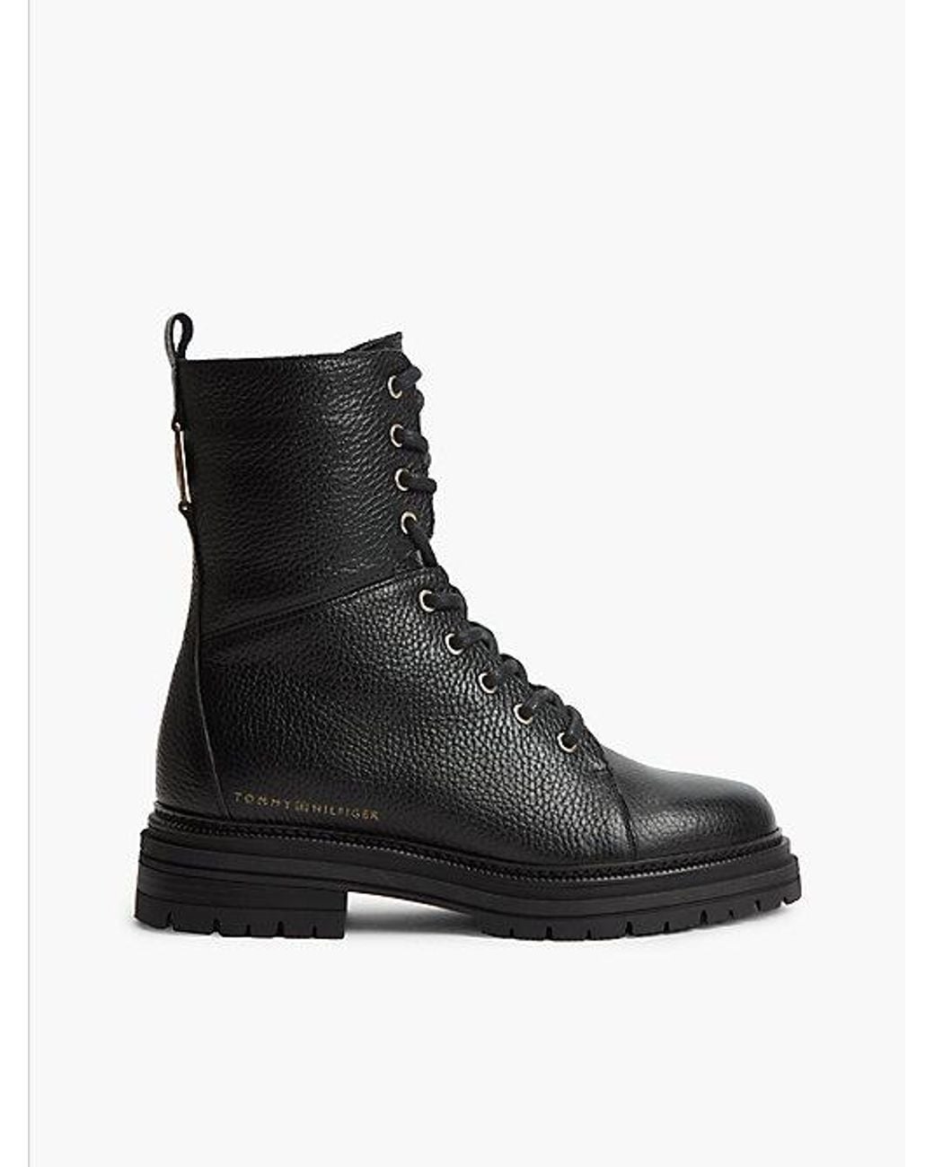 Tommy Hilfiger Black Pebble Grain Leather Cleat Lace Up Boots