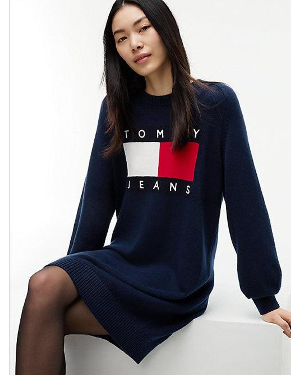 Tommy Hilfiger Blue Oversized Mini Jumper Dress With Wool