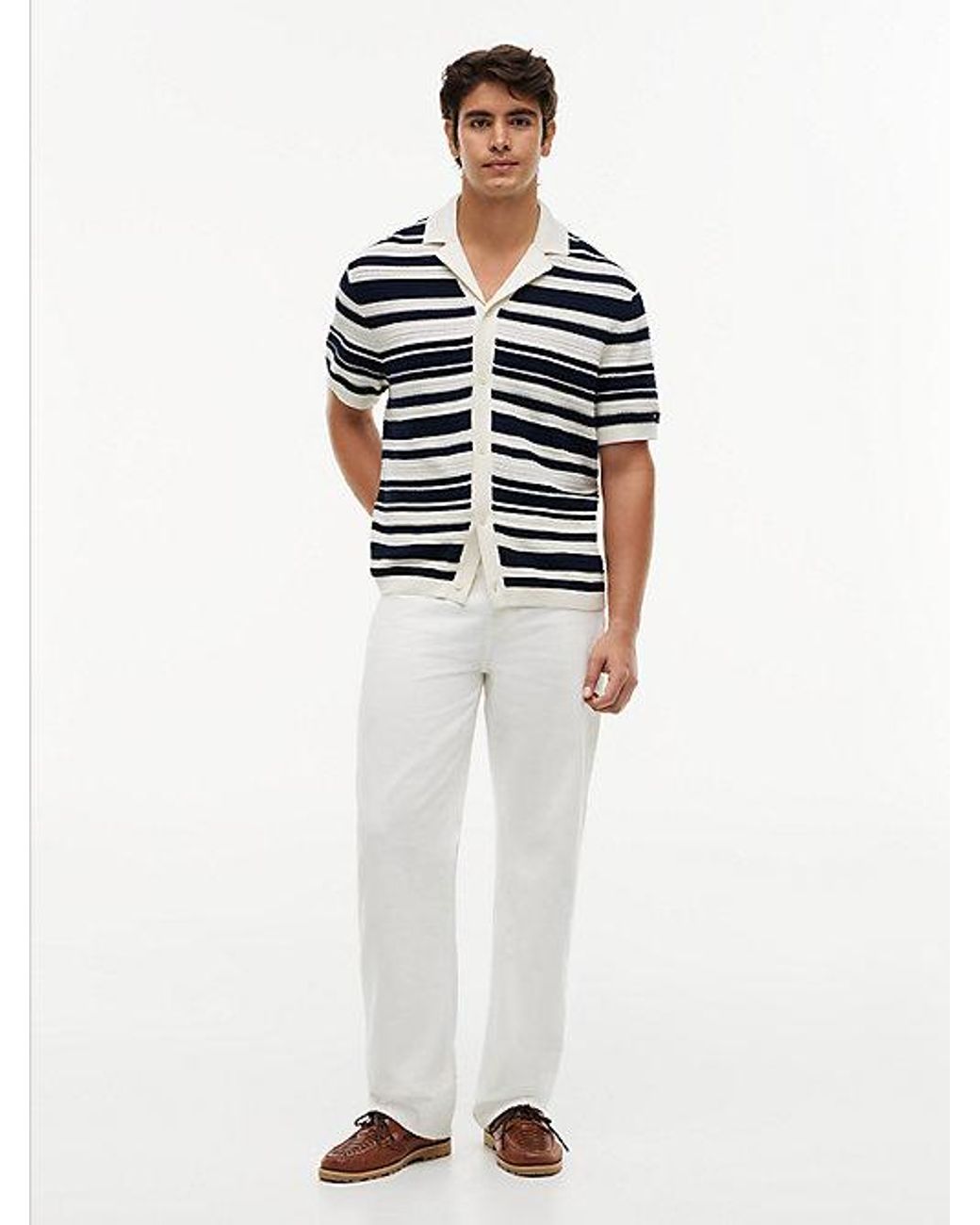 Tommy Hilfiger Blue Regular Fit Breton Stripe Knit Short Sleeve Shirt for men