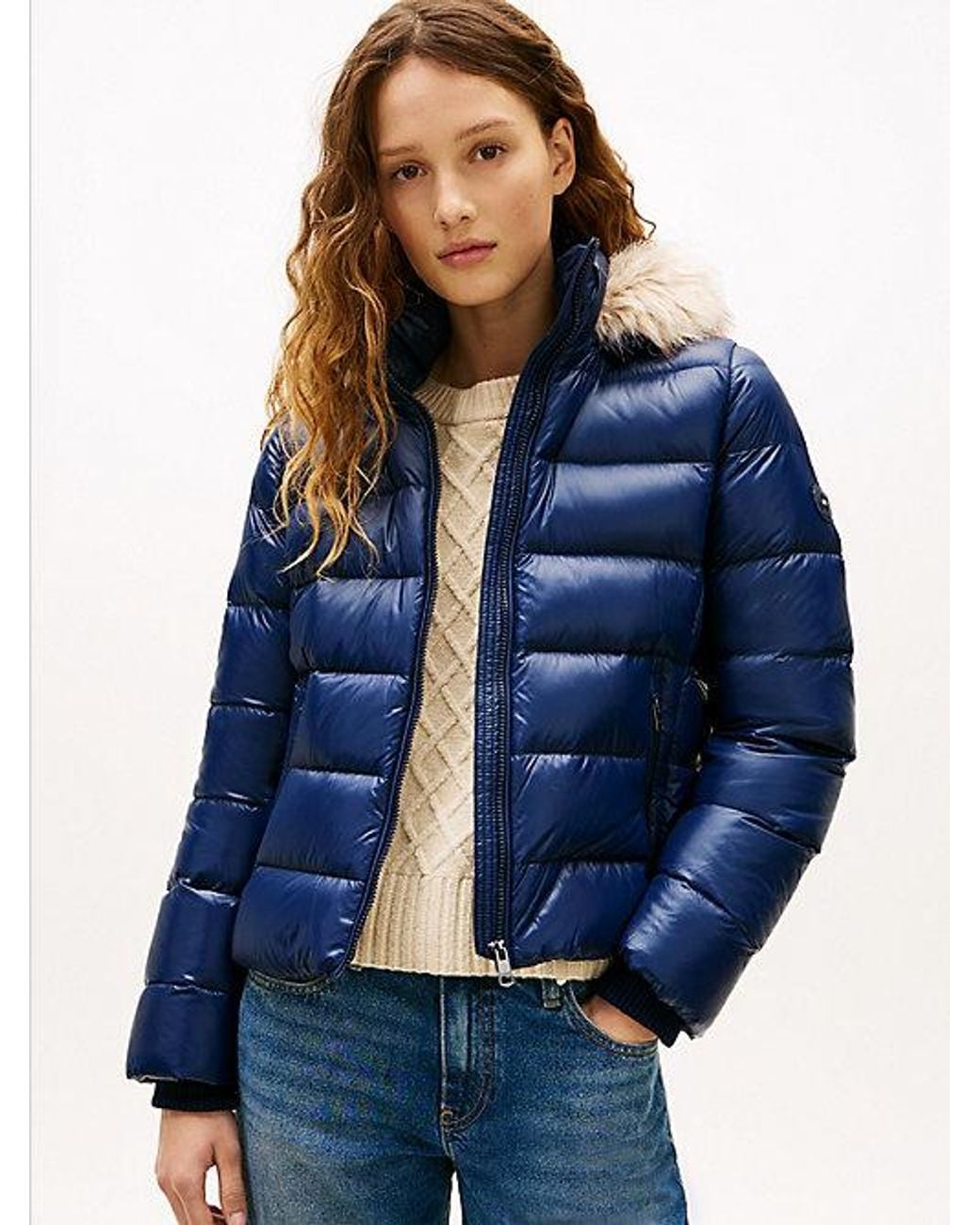 Tommy Hilfiger Blue Shiny Water Repellent Down Hooded Jacket