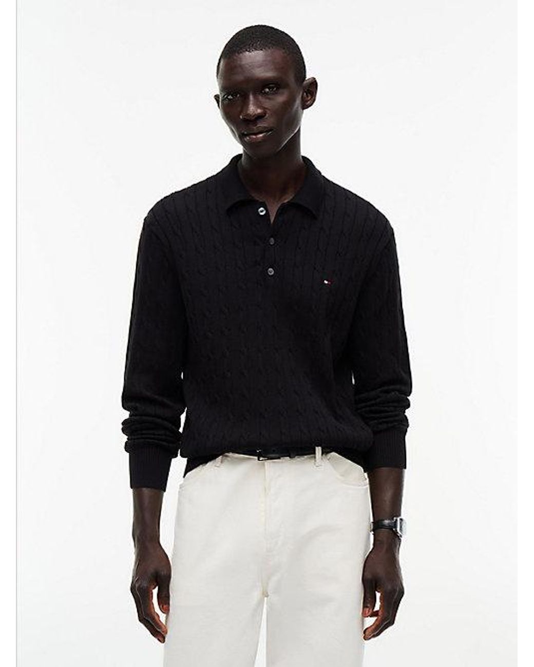 Tommy Hilfiger Black Cable Knit Polo Jumper for men