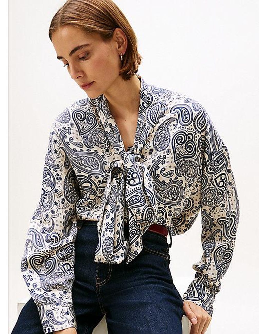 Tommy Hilfiger Blue Oversized Fit Bow Sateen Blouse