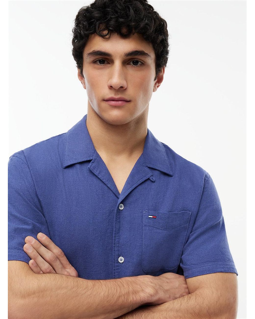 Tommy Hilfiger Blue Regular Fit Linen Blend Short Sleeve Shirt for men