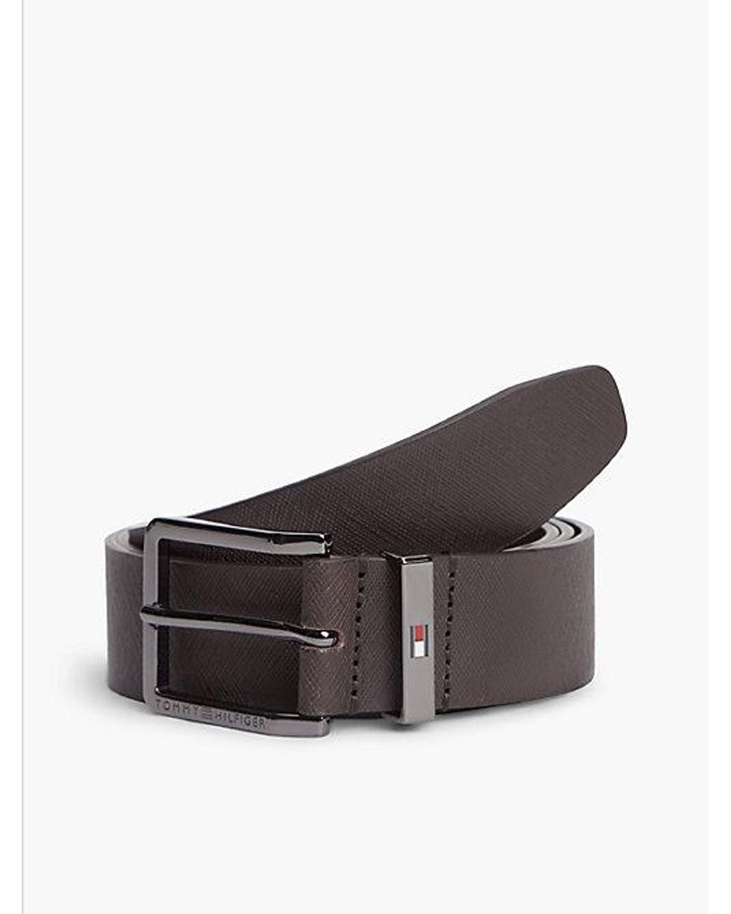 Tommy Hilfiger Brown Leather Logo Square Buckle Textured Belt for men