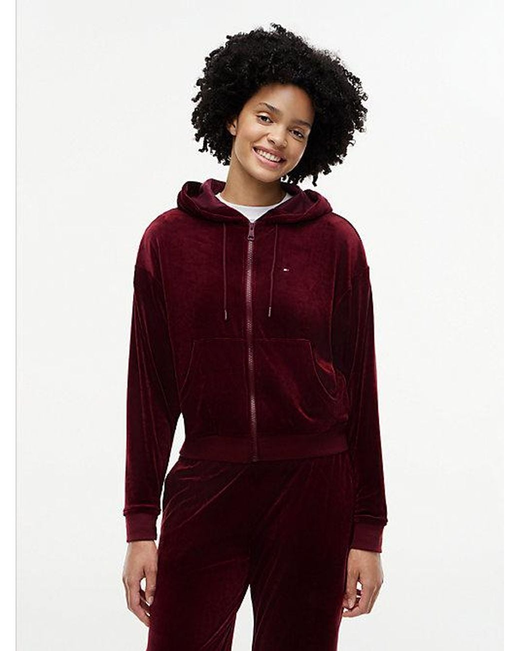 Tommy Hilfiger Red Essential Velour Relaxed Zip Thru Lounge Hoody