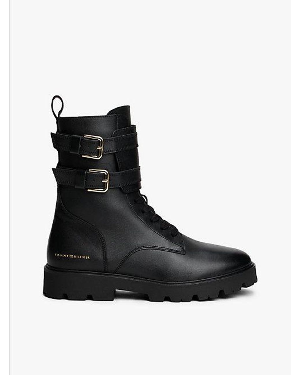 Tommy Hilfiger Black Leather Logo Cleat Biker Boots