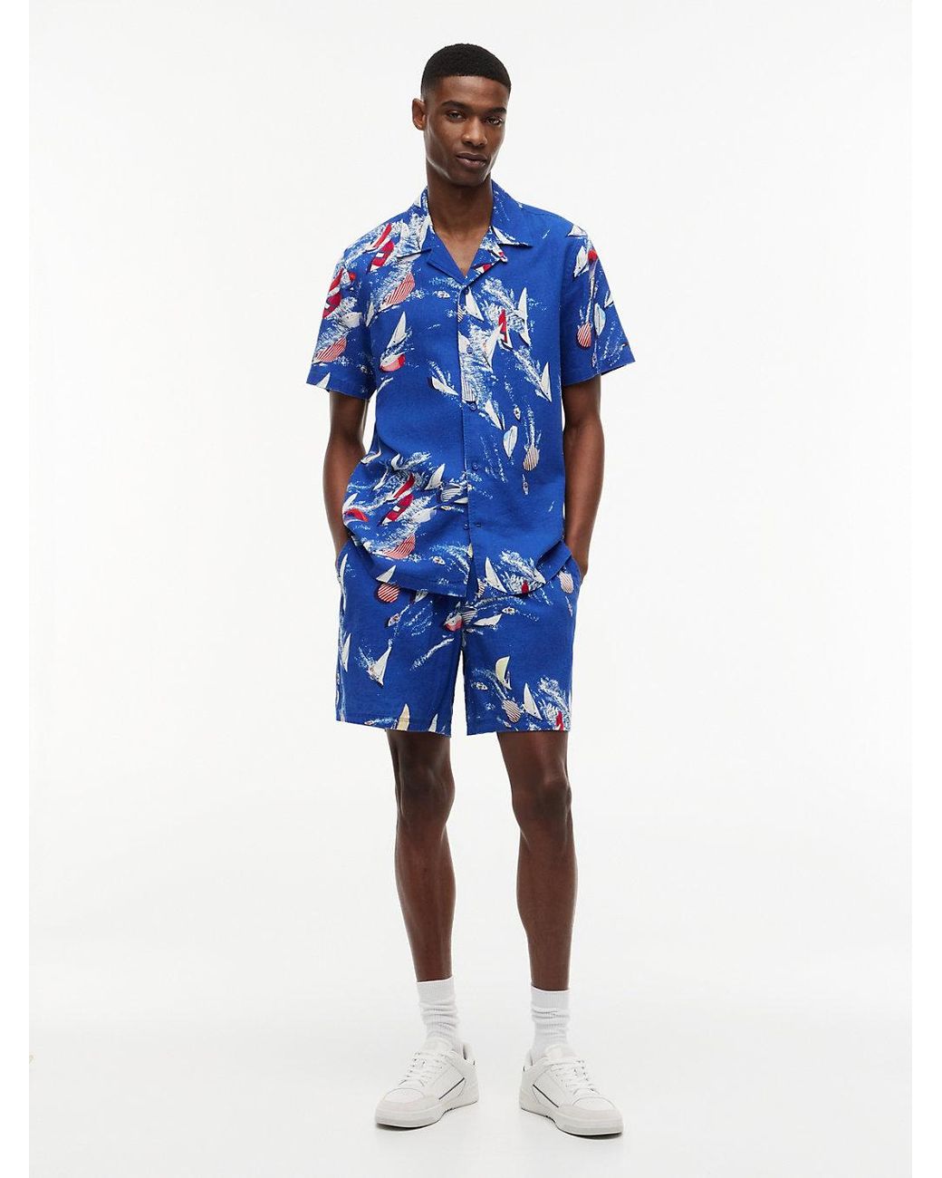 Tommy Hilfiger Blue Print Linen Blend Regular Shorts for men