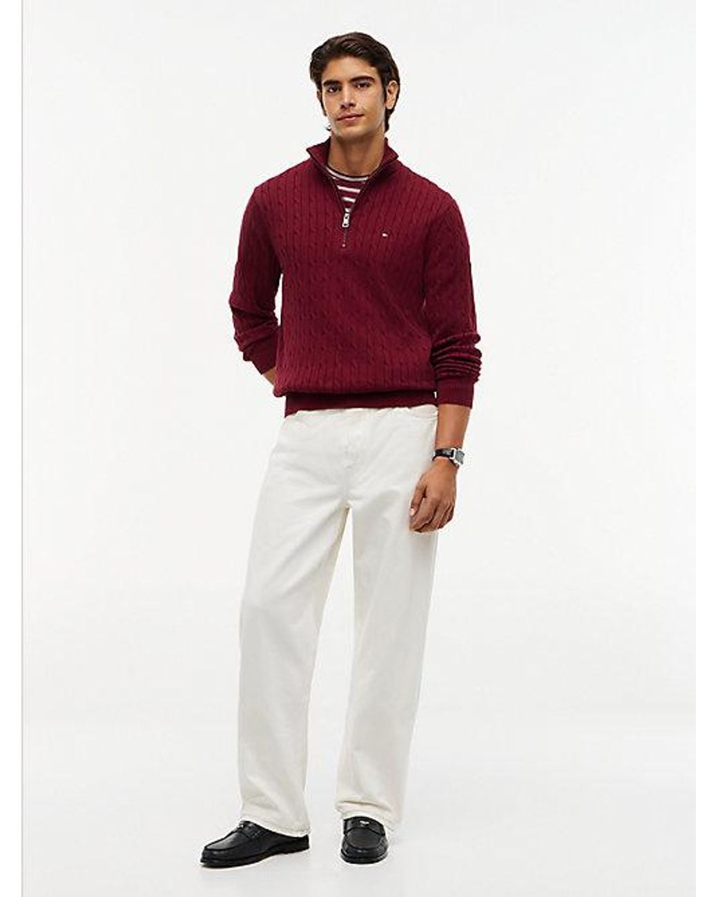 Tommy Hilfiger Red Cable Knit Quarter Zip Jumper for men