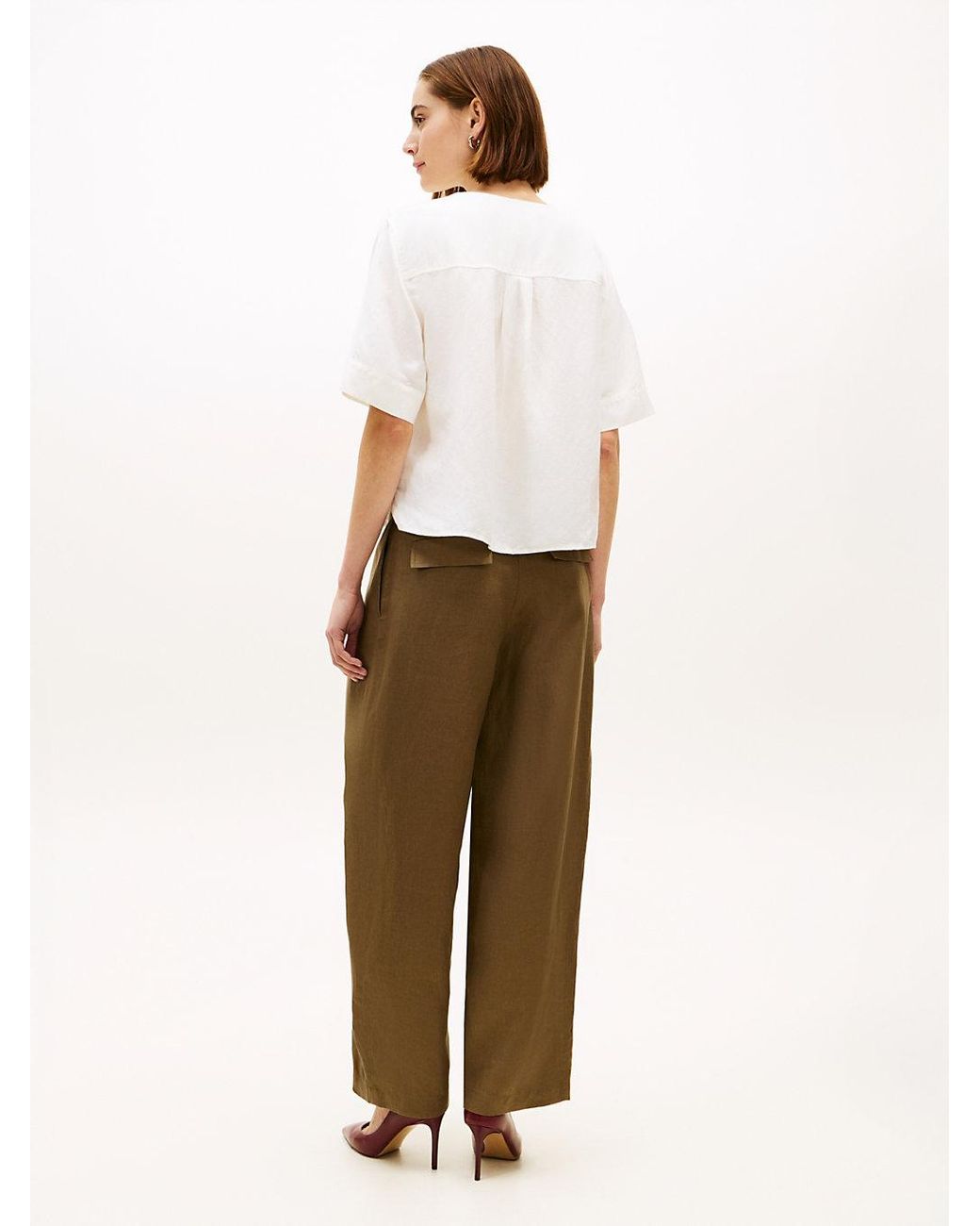 Tommy Hilfiger White Relaxed Fit Linen Blend Short Sleeve Blouse
