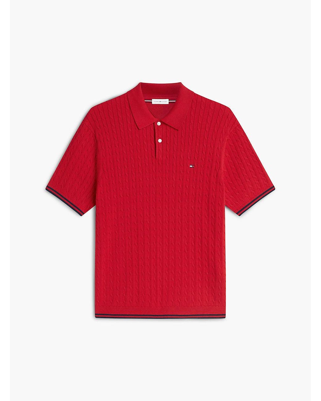 Tommy Hilfiger Red Cable Knit Short Sleeve Polo Jumper for men