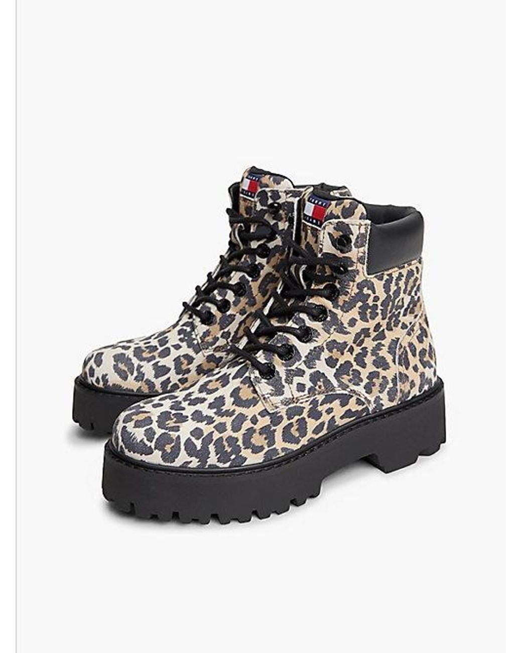 Tommy Hilfiger Black Tommy Jeans Archive Suede Cheetah Platform Lace Up Boots