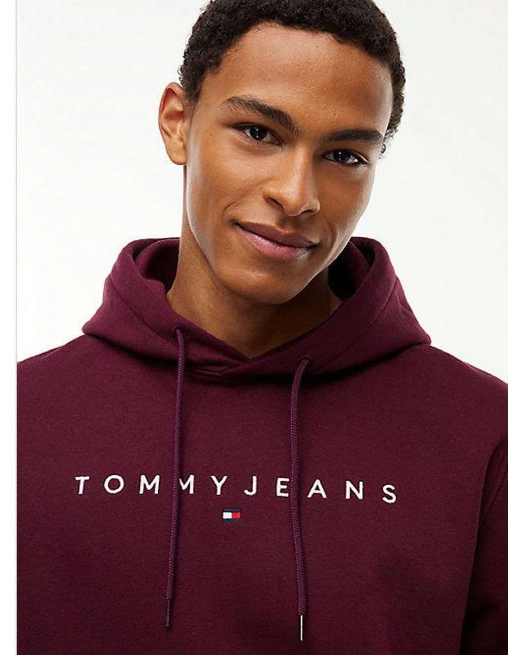 Tommy Hilfiger Red Tommy Jeans Linear Logo Fleece Drawstring Hoody for men