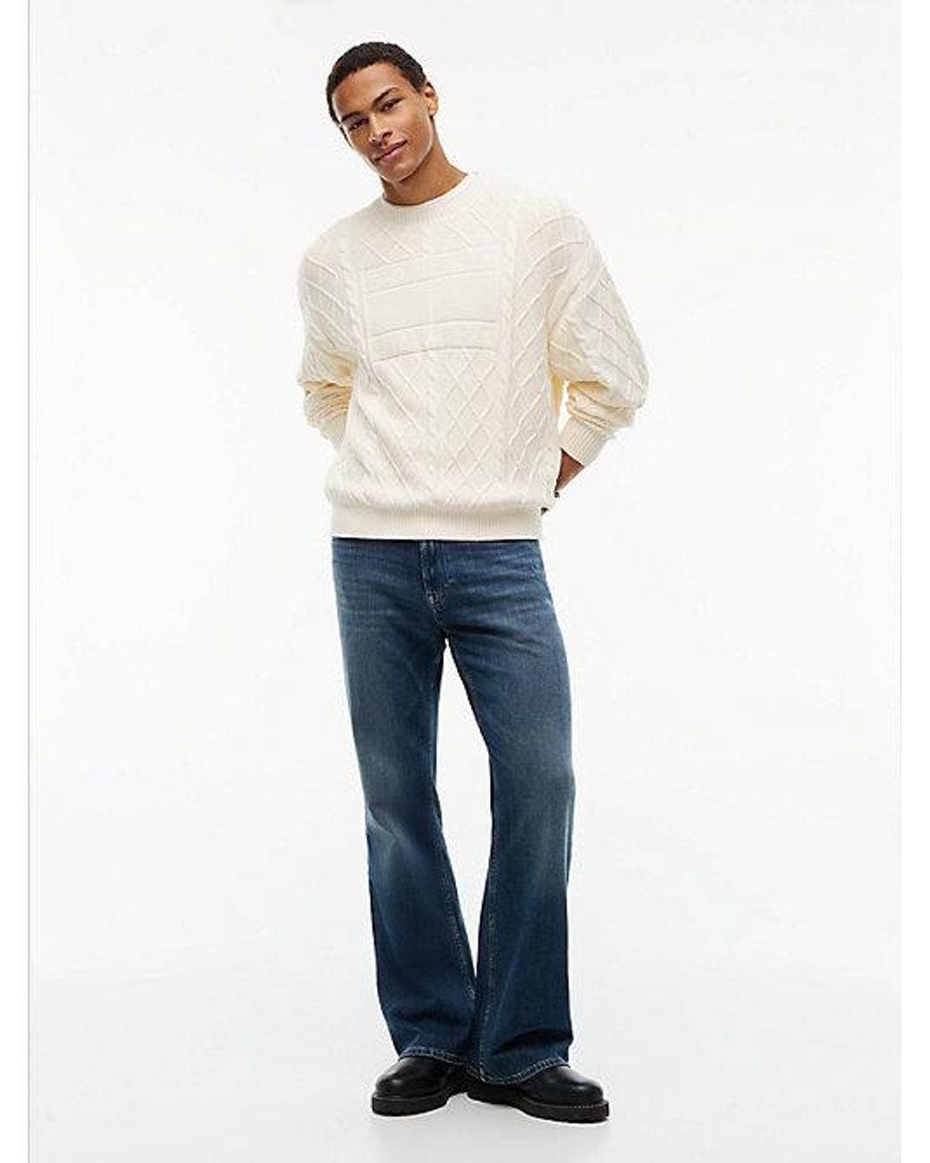 Tommy Hilfiger White Tommy Jeans Diamond Cable Knit Relaxed Jumper for men