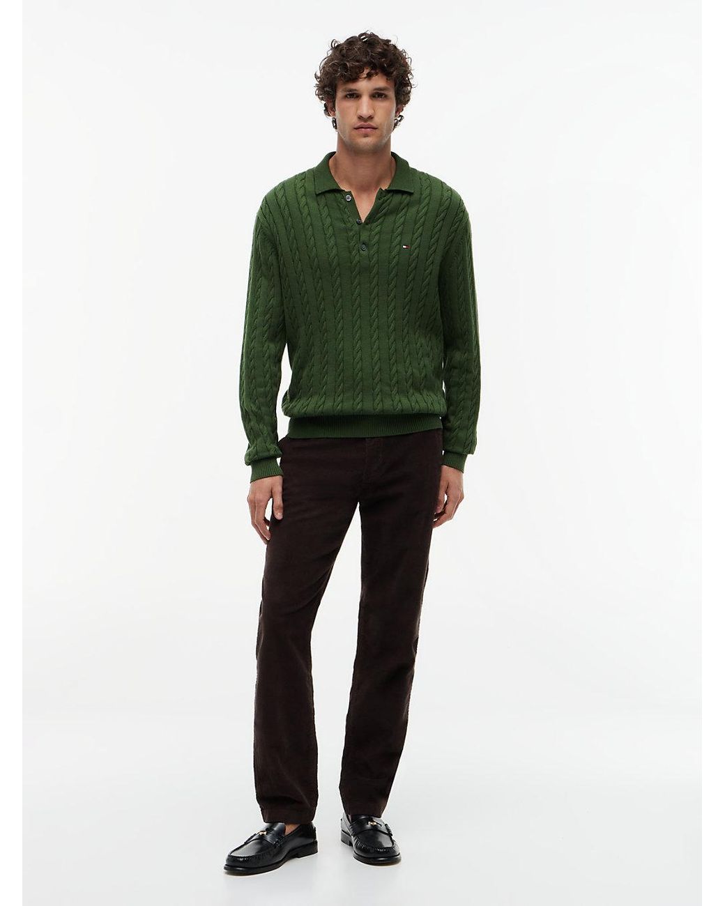 Tommy Hilfiger Green Cable Knit Polo Jumper for men