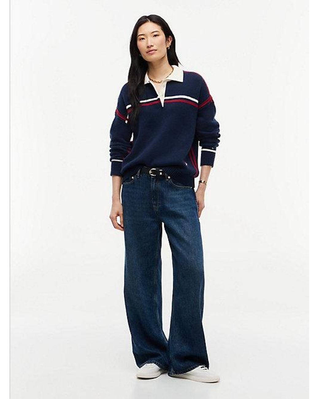 Tommy Hilfiger Blue Pure Wool Boxy Fit Polo Jumper