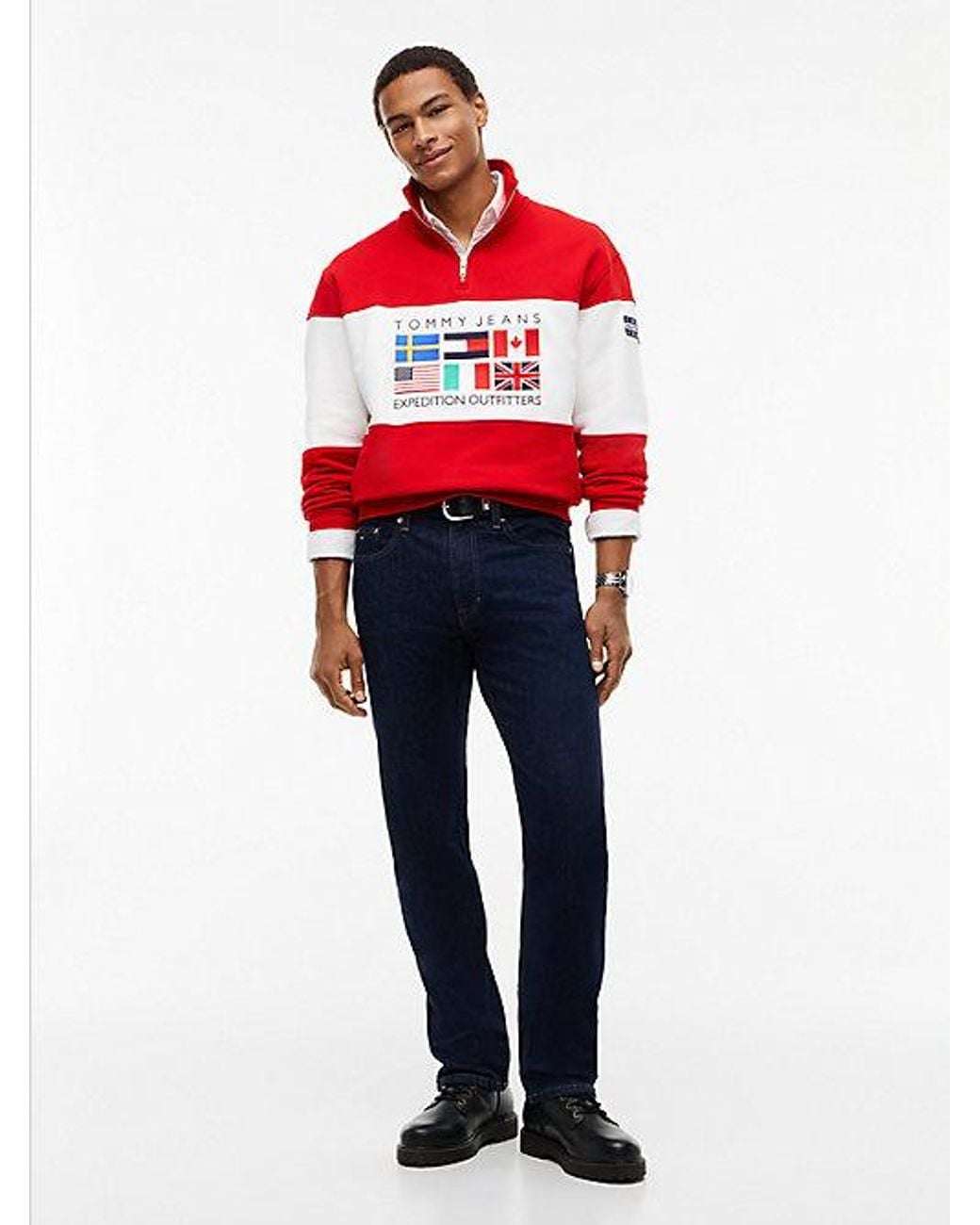 Tommy Hilfiger Red Tommy Jeans Fleece Mock Neck Quarter Zip Sweatshirt for men