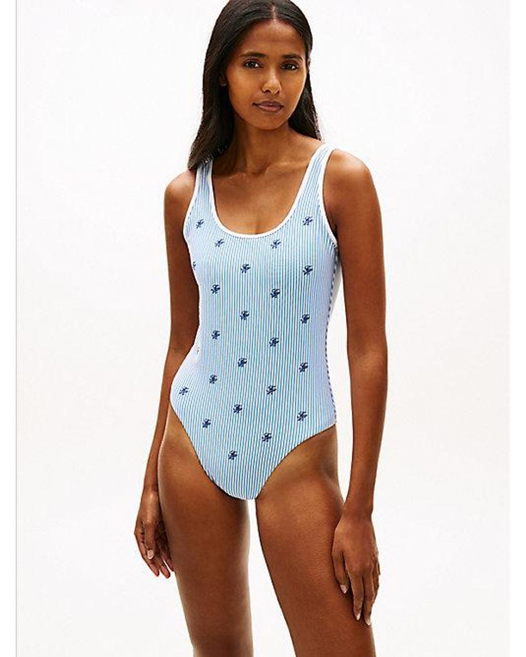Tommy Hilfiger Blue Logo Embroidery Seersucker Scoop Back Swimsuit