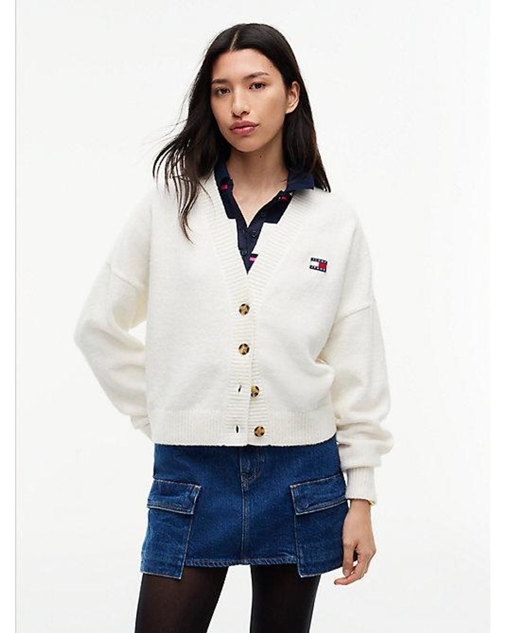 Tommy Hilfiger White Tommy Jeans Tommy Badge Fluffy Cardigan With Alpaca