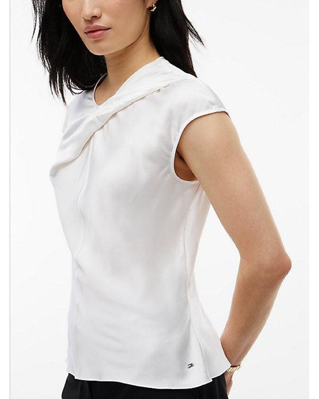 Tommy Hilfiger White Twist Front Satin Cap Sleeve Top
