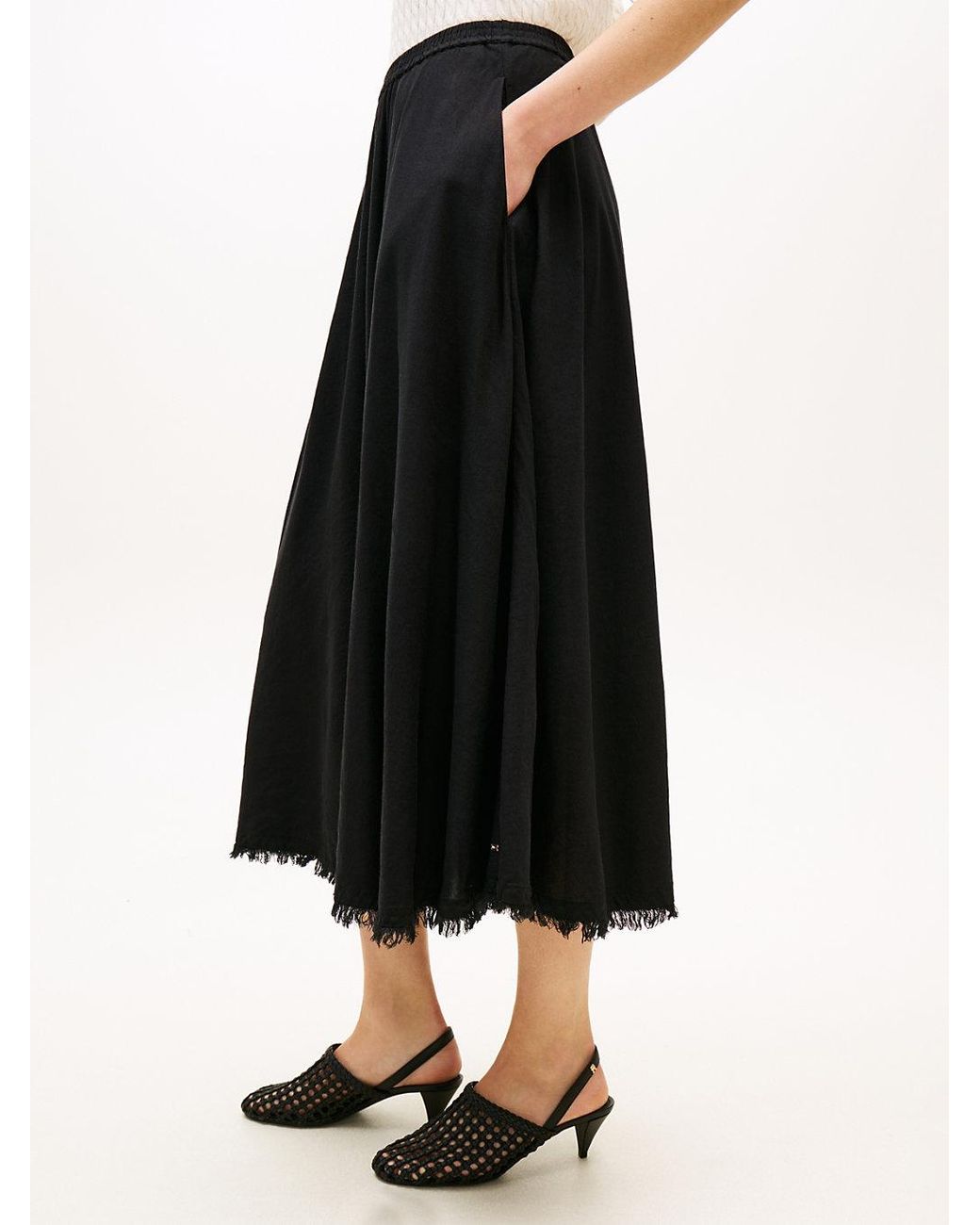 Tommy Hilfiger White Pleated Linen Blend Midi A-Line Skirt