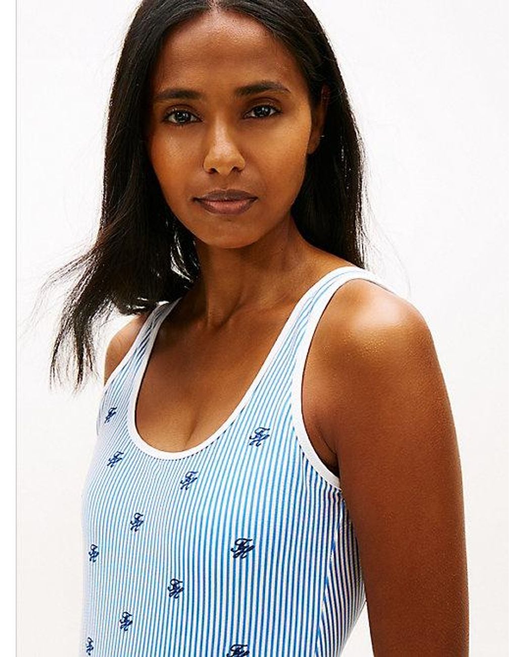 Tommy Hilfiger Blue Logo Embroidery Seersucker Scoop Back Swimsuit